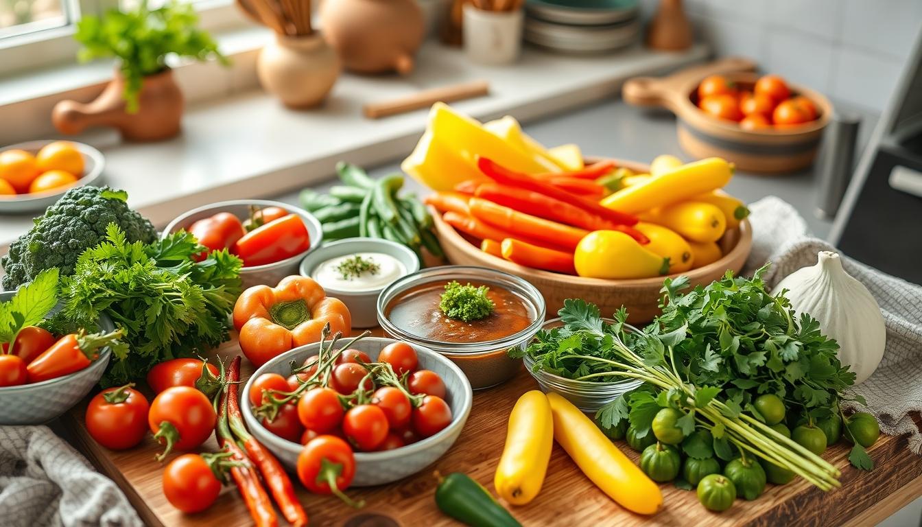 Measured baking ingredients prepared on a counter